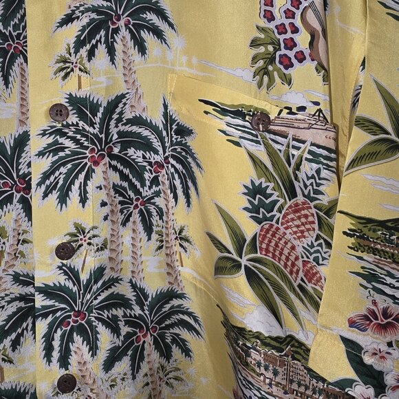 Hawaiian Silk Company Men’s XL Aloha Hawaiian Shirt Yellow Palm Tree Pineapple - Picture 6 of 13